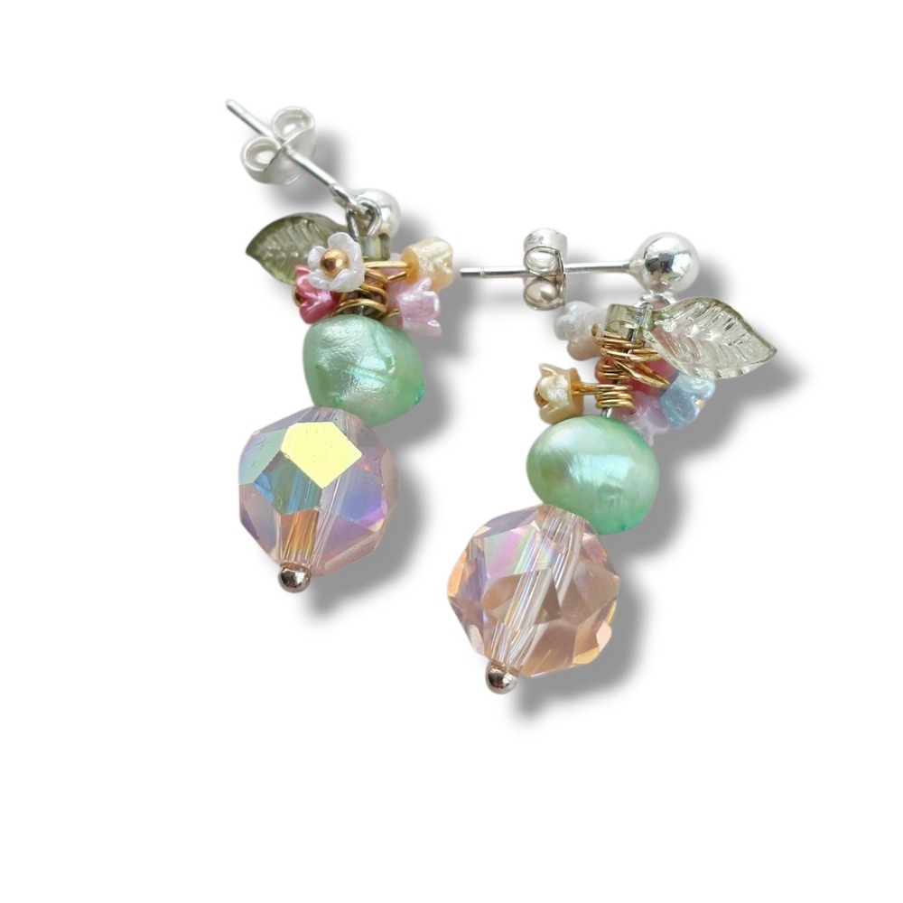 Handmade Artisan Pastel Floral Earrings Crystal Mint Pearl Sterling Silver 925